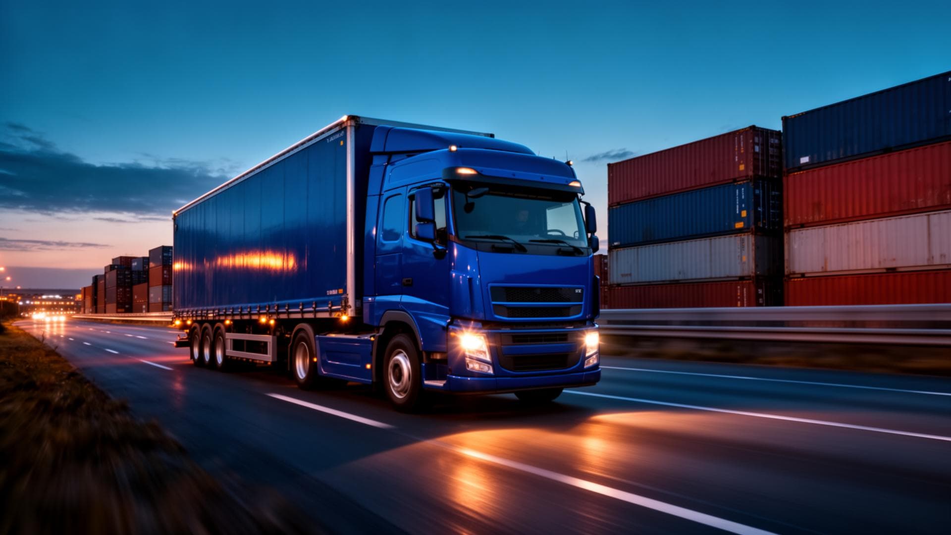Logistics truck moving goods at dusk