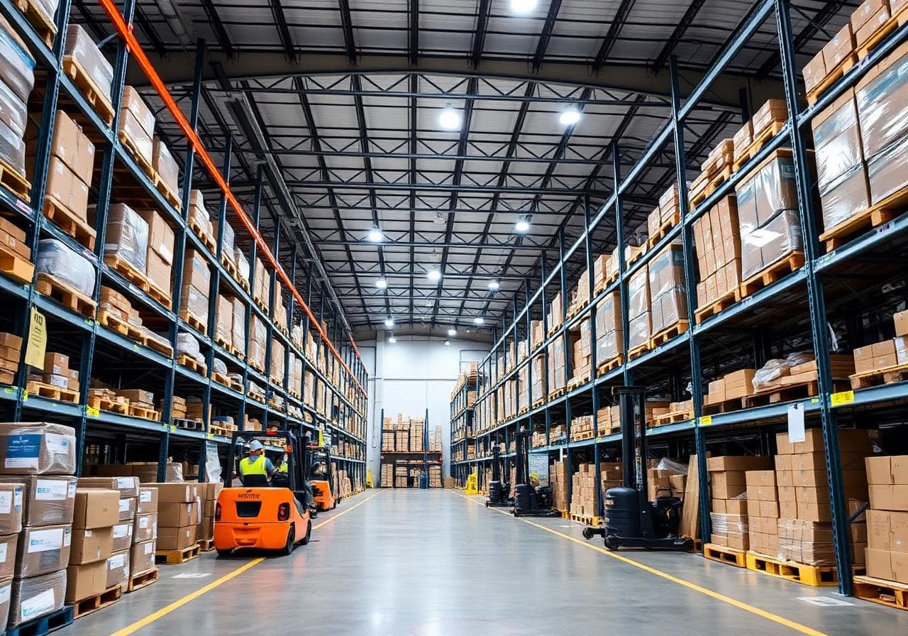 Modern warehouse with organised shelving and forklifts